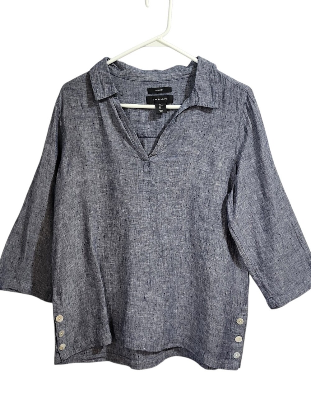 Tahari Tunic Top Sz L Blue 100% Linen Buttons 3/4 Sleeve Beach Resort Coastal